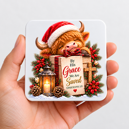 Festive Christian Christmas Coaster "By His Grace We Are Saved Ephesians 2:8" Graphic Glossy Hardboard 9x9cm Drinks Mat – Highland Cow, Wooden Cross & Candle Lantern Holiday Tableware Gift | Fast Dispatch by UK Seller (C3063)