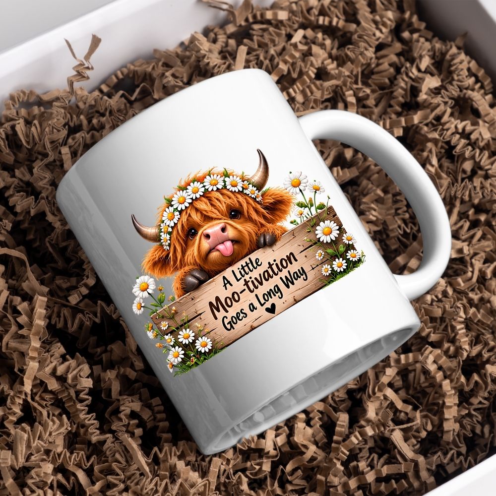 Inspiring Mug "A Little Moo-tivation Goes a Long Way" Highland Cow 325ml Ceramic Coffee Mug Cute Animal Tea Cup with Daisy Flower Crown & Wooden Sign | Available in Multicolours | Fast Dispatch by UK Seller (M1278)