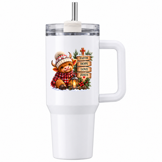Inspirational Religious Highland Cow Travel Tumbler "Faith Hope Love Jesus" Graphic 40oz Stainless Steel Insulated Travel Mug with Handle & Straw – Winter Calf in Hat & Scarf with Sign & Cross Novelty Travel Cup | Fast Dispatch by UK Seller (T3012)