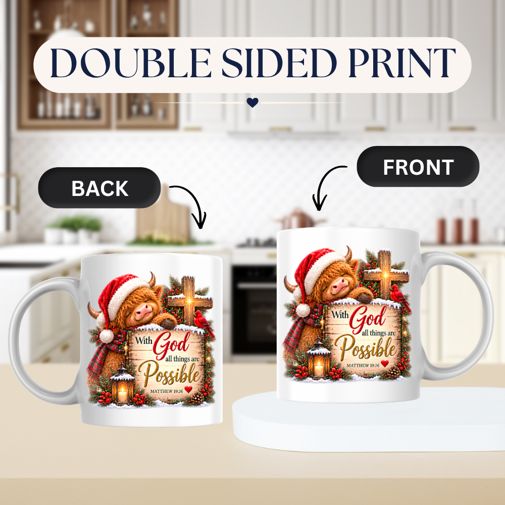Christmas Mug "With God All Things Are Possible Highland Cow" Matthew 19:26 325ml Ceramic Coffee Mug – Festive Highland Cow Mug With Cross Cardinal Lantern Christian Holiday Gift | Available in Multicolours | Fast Dispatch by UK Seller (M3307)