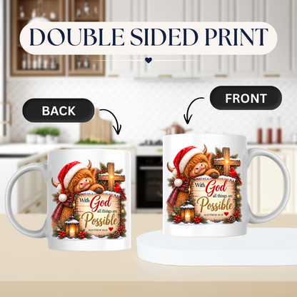 Christmas Mug "With God All Things Are Possible Highland Cow" Matthew 19:26 325ml Ceramic Coffee Mug – Festive Highland Cow Mug With Cross Cardinal Lantern Christian Holiday Gift | Available in Multicolours | Fast Dispatch by UK Seller (M3307)
