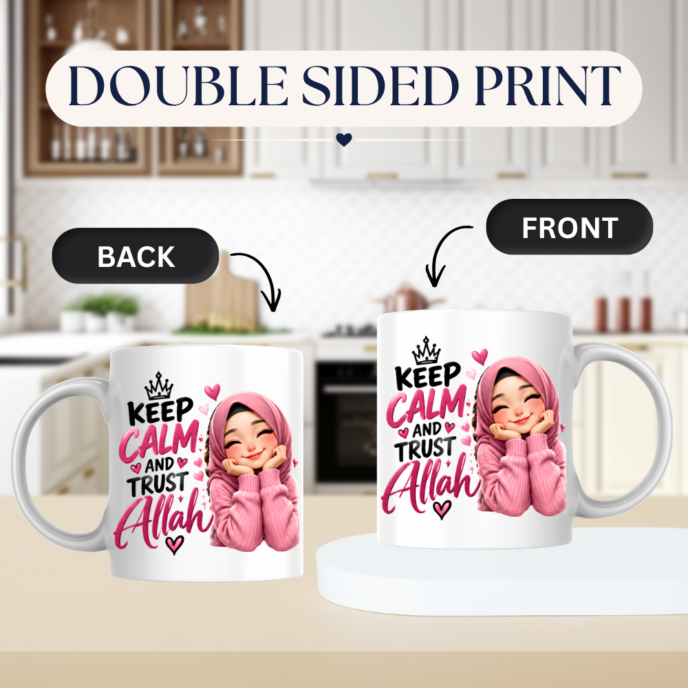 Islamic Mug "Keep Calm And Trust Allah" 325ml Ceramic Coffee Tea Cup – Pink Hijabi Girl Graphic, Hearts & Faith Slogan Novelty Gift for Muslim Women, Friends, Birthday – Fast Dispatch by UK Seller (M3505)