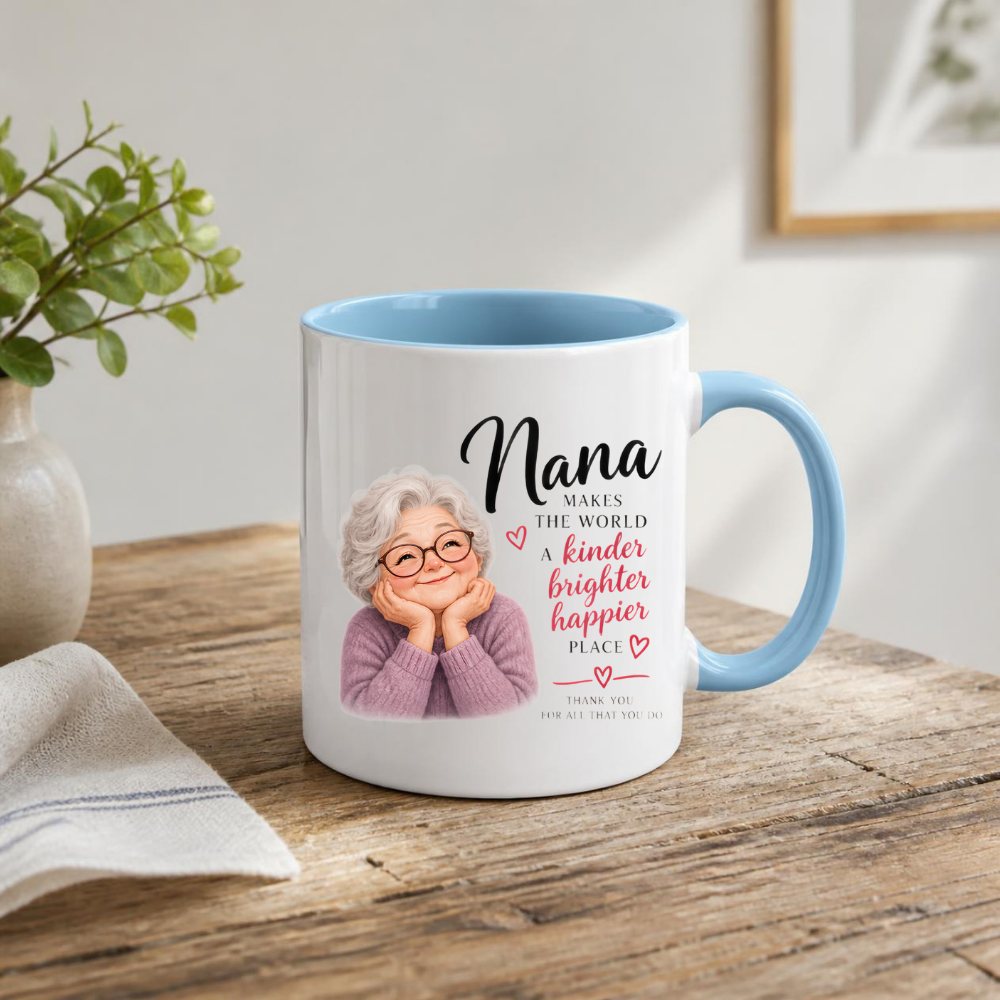 Family Mug "Nana MAKES THE WORLD A kinder brighter happier PLACE" Sweet Grandma 325ml Ceramic Coffee Mug Heartwarming Nana Tea Cup with Resting Head Grandma Graphic Gift | Available in Multicolours | Fast Dispatch by UK Seller (M3014)