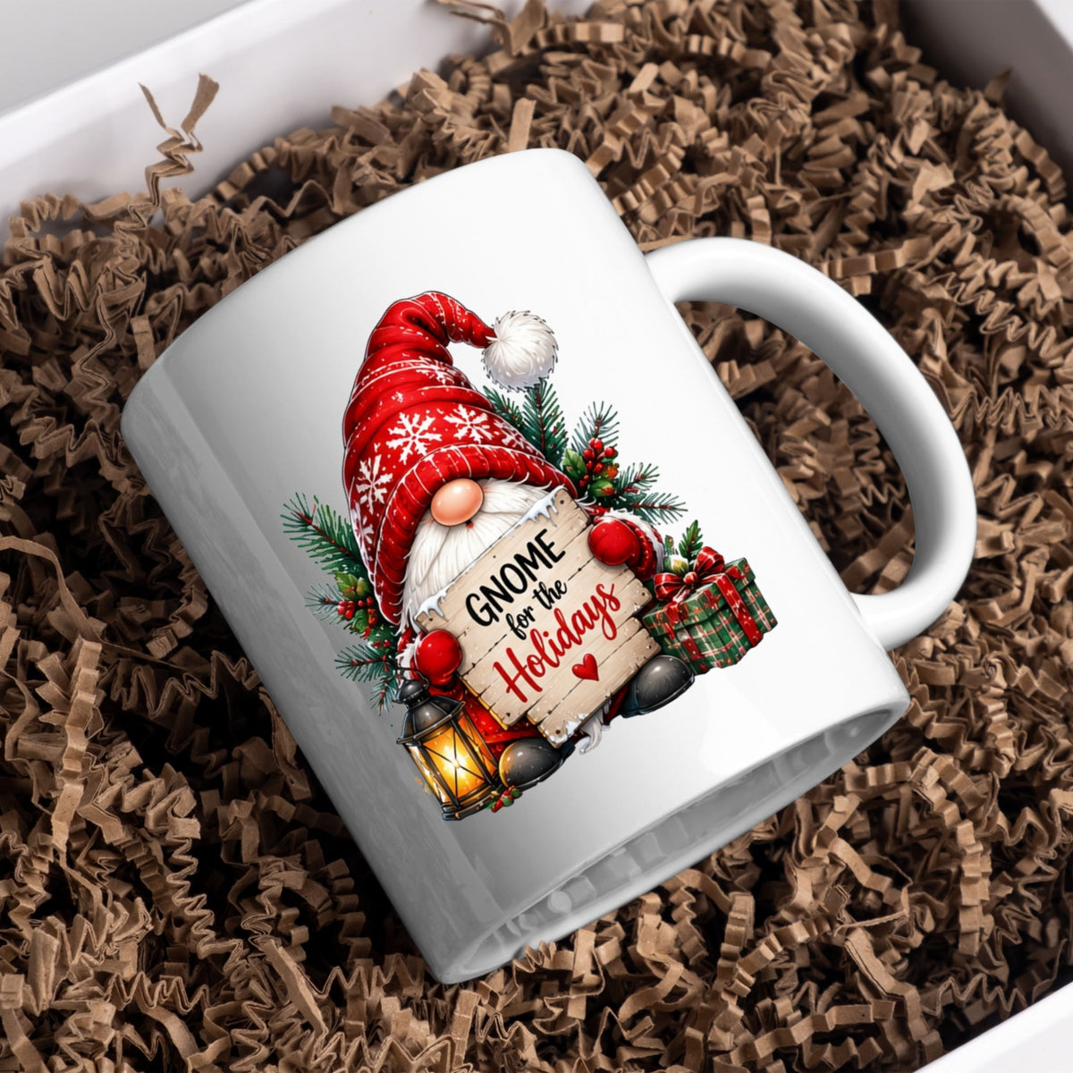 Charming Mug "Gnome for the Holidays" Christmas Gnome 325ml Ceramic Coffee Mug Festive Winter Holiday Tea Cup with Lantern, Gift & Wooden Sign Gift | Available in Multicolours | Fast Dispatch by UK Seller (M1254)