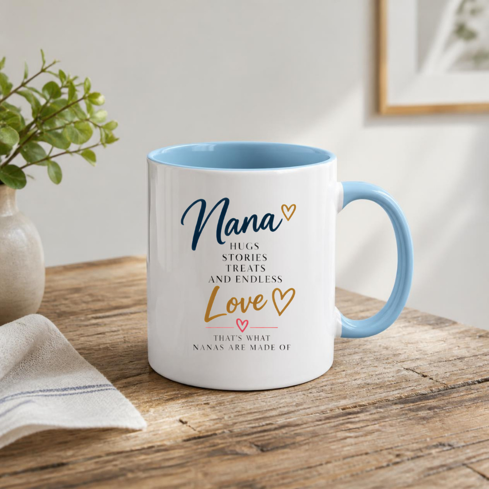Family Mug "Nana HUGS STORIES TREATS AND ENDLESS Love THAT'S WHAT NANAS ARE MADE OF" Sweet Grandma 325ml Ceramic Coffee Mug Heartwarming Nana Tea Cup with Gold Hearts Graphic Gift | Available in Multicolours | Fast Dispatch by UK Seller (M3020)