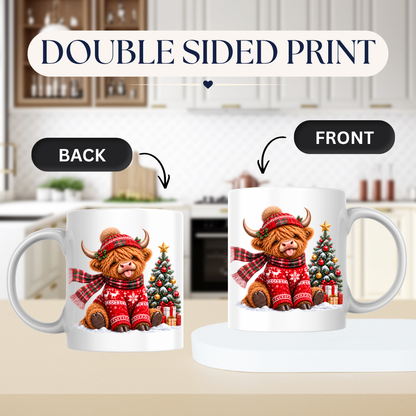 Christmas Mug "Festive Christmas Jumper Highland Cow" Christmas Jumper Highland Cow 325ml Ceramic Coffee Mug – Cute Winter Tea Cup with Christmas Tree Present Graphic Gift | Available in Multicolours | Fast Dispatch by UK Seller (M3172)