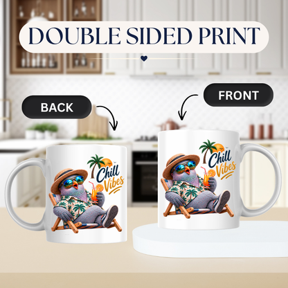 Summer Mug "Chill Vibes Cool Pigeon" 325ml Ceramic Coffee Mug – Relaxing Pigeon in Hawaiian Shirt, Straw Hat & Sunglasses on Beach Chair Funny Summer Mug Gift For Friends Vacation Lovers | Available in Multicolours | Fast Dispatch by UK Seller (M3242)