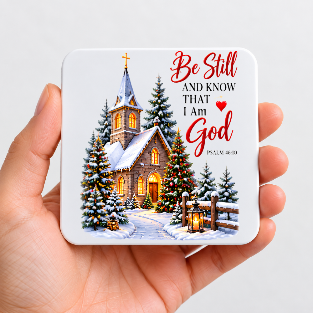 Inspirational Religious Hardboard Coaster "Be Still And Know That I Am God" Graphic 9cm x 9cm Square Drinks Coaster “ Snowy Winter Church Ch