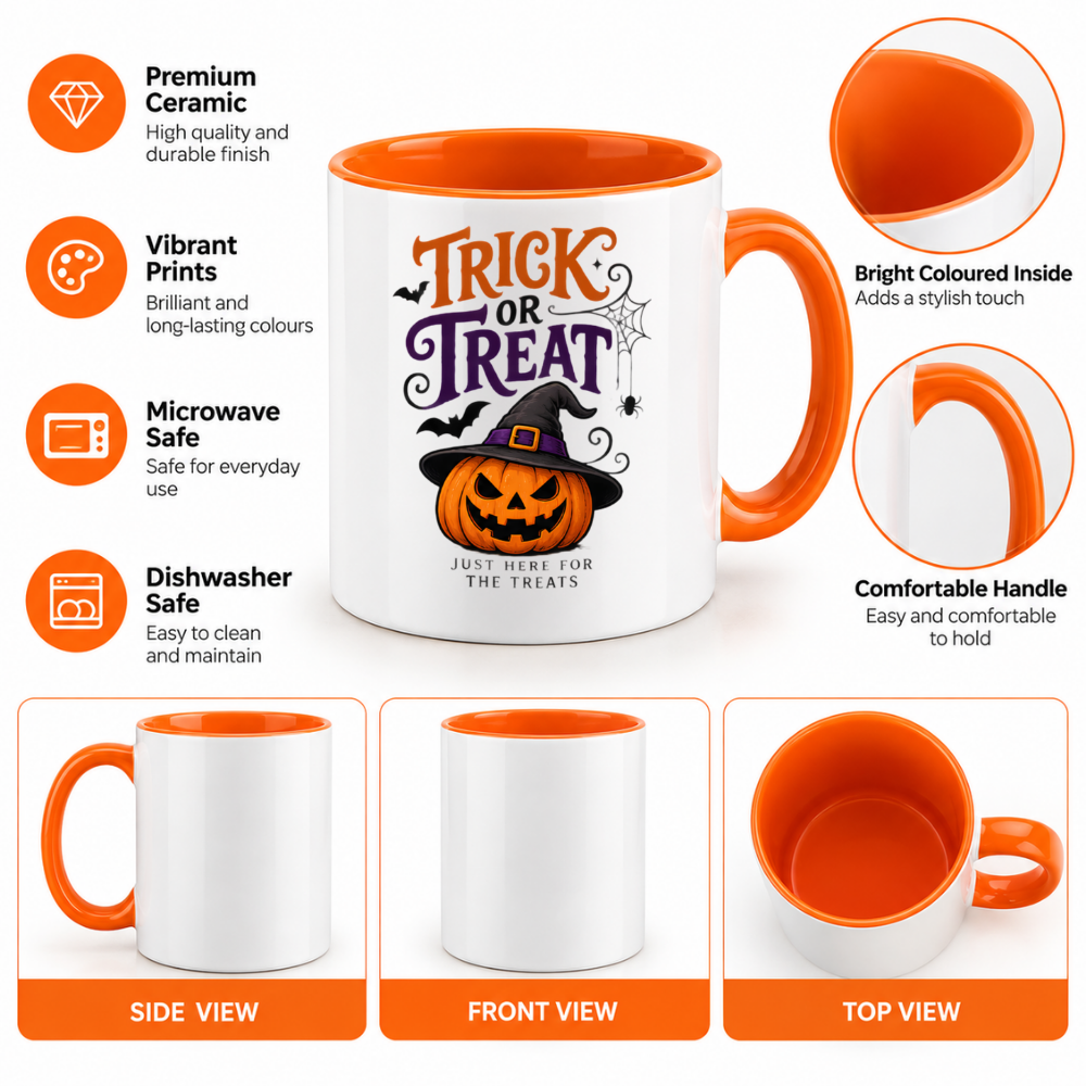 Halloween Mug "Trick Or Treat Pumpkin" Trick Or Treat Pumpkin 325ml Ceramic Coffee Mug – Funny Halloween Autumn Tea Cup with Witch Hat Jack O Lantern Spider Web Just Here For The Treats Graphic Gift | Fast Dispatch by UK Seller (M3205)