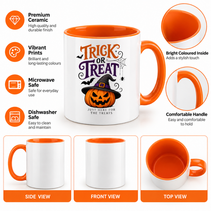 Halloween Mug "Trick Or Treat Pumpkin" Trick Or Treat Pumpkin 325ml Ceramic Coffee Mug – Funny Halloween Autumn Tea Cup with Witch Hat Jack O Lantern Spider Web Just Here For The Treats Graphic Gift | Fast Dispatch by UK Seller (M3205)