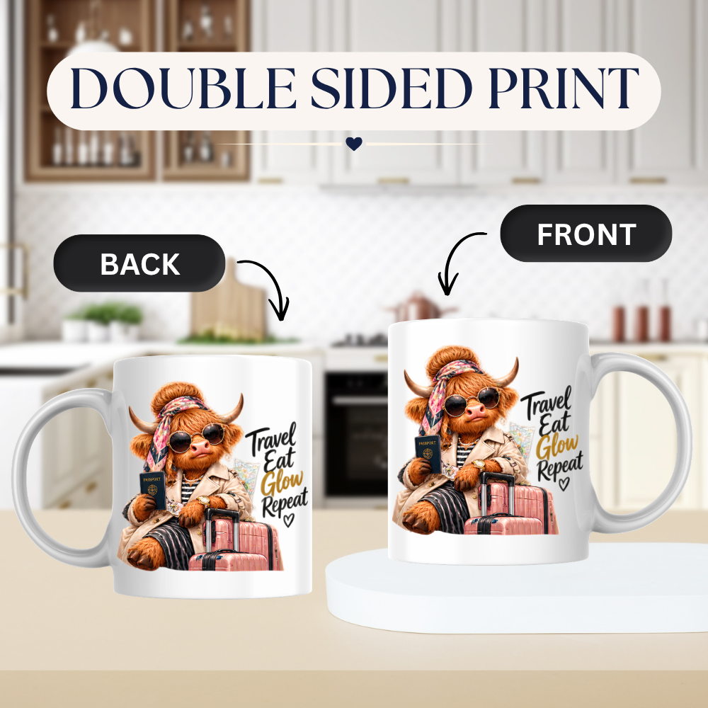 Travel Mug "Travel Eat Glow Repeat Highland Cow" Travel Eat Glow Repeat 325ml Ceramic Coffee Mug – Chic Highland Cow with Passport, Pink Suitcase Trench Coat Wanderlust Holiday Gift | Available in Multicolours | Fast Dispatch by UK Seller (M3279)