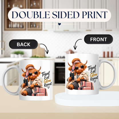 Travel Mug "Travel Eat Glow Repeat Highland Cow" Travel Eat Glow Repeat 325ml Ceramic Coffee Mug – Chic Highland Cow with Passport, Pink Suitcase Trench Coat Wanderlust Holiday Gift | Available in Multicolours | Fast Dispatch by UK Seller (M3279)