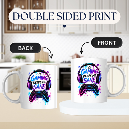 Gaming Mug "Gaming Keeps Me Sane" Gaming Keeps Me Sane 325ml Ceramic Coffee Mug – Neon Headset & Controller Mug with Blue and Pink Paint Splatter Art | Gamer Gift | Fast Dispatch by UK Seller (M3345)