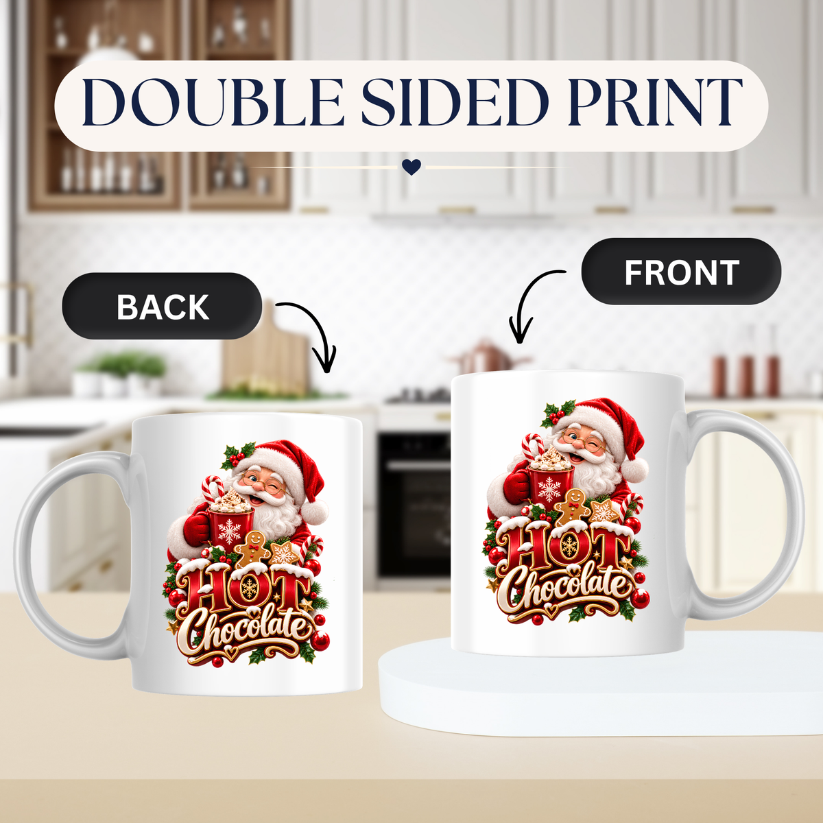 Christmas Mug "Hot Chocolate" Santa Claus Hot Chocolate 325ml Ceramic Coffee Mug – Jolly Winking Santa Holding Cocoa with Gingerbread Man, Candy Cane & Gold Typography | Festive Holiday Gift | Fast Dispatch by UK Seller (M3361)