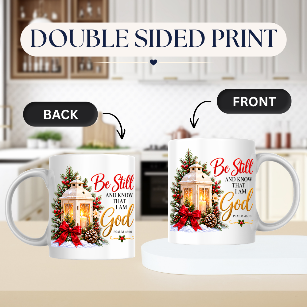 Religious Christmas Mug "Be Still And Know That I Am God" Be Still And Know That I Am God 325ml Ceramic Coffee Mug – Christian Scripture Mug with Psalm 46:10, Lantern & Pinecones | Religious Holiday Gift | Fast Dispatch by UK Seller (M3339)