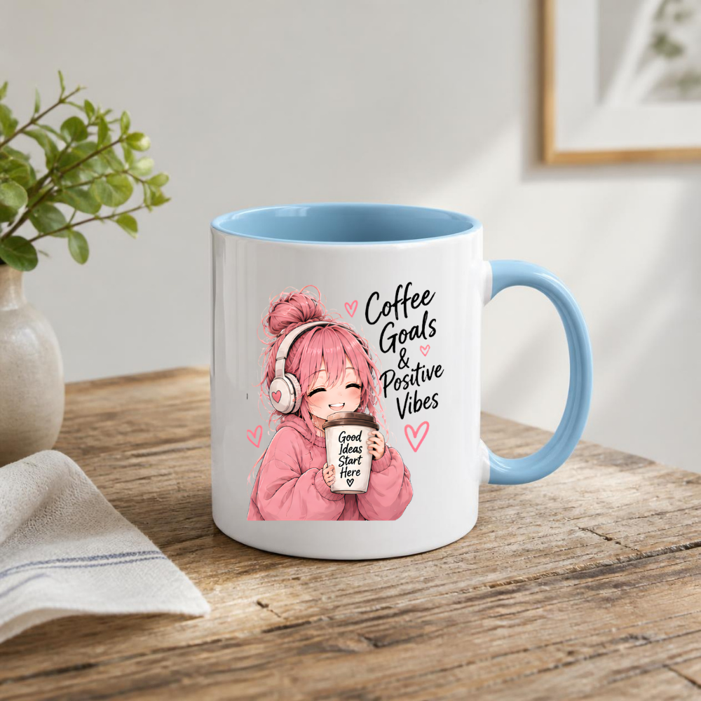 Inspirational Anime Mug "Coffee Goals & Positive Vibes" Cute Pink Hair Girl 325ml Ceramic Coffee Mug Aesthetic Work & Study Tea Cup with Headphones & Coffee Cup Graphic Gift | Available in Multicolours | Fast Dispatch by UK Seller (M3026)