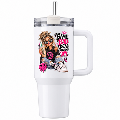 Funny Sassy Travel Tumbler "Same Bad Ideas Different Day" Graphic 40oz Stainless Steel Insulated Travel Mug with Handle & Straw â€“ Trendy Girl with Glasses, Iced Coffee & Smiley Graffiti Novelty Travel Cup | Fast Dispatch by UK Seller (T3006)