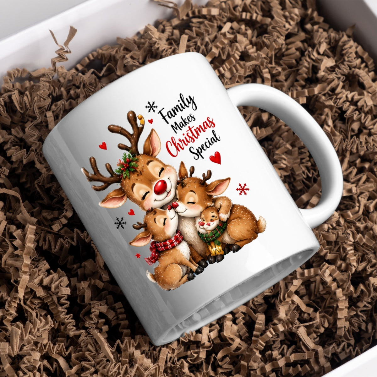Heartwarming Mug "Family Makes Christmas Special" Reindeer Family 325ml Ceramic Coffee Mug Cute Winter Holiday Tea Cup with Snuggling Little Reindeer & Hearts Gift | Available in Multicolours | Fast Dispatch by UK Seller (M1261)