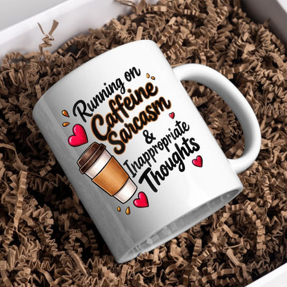 Sarcastic Mug "Running on Caffeine Sarcasm & Inappropriate Thoughts" 325ml Ceramic Coffee Mug Funny Coffee Lover Tea Cup with Takeaway Cup & Hearts Graphic Gift | Available in Multicolours | Fast Dispatch by UK Seller (M1305)