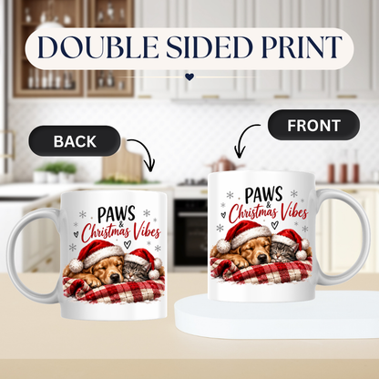 Christmas Dog & Cat Mug "Paws & Christmas Vibes" Paws & Christmas Vibes 325ml Ceramic Coffee Mug – Cute Sleeping Golden Retriever & Tabby Cat in Santa Hats on Plaid Blanket | Festive Holiday Gift | Fast Dispatch by UK Seller (M3405)