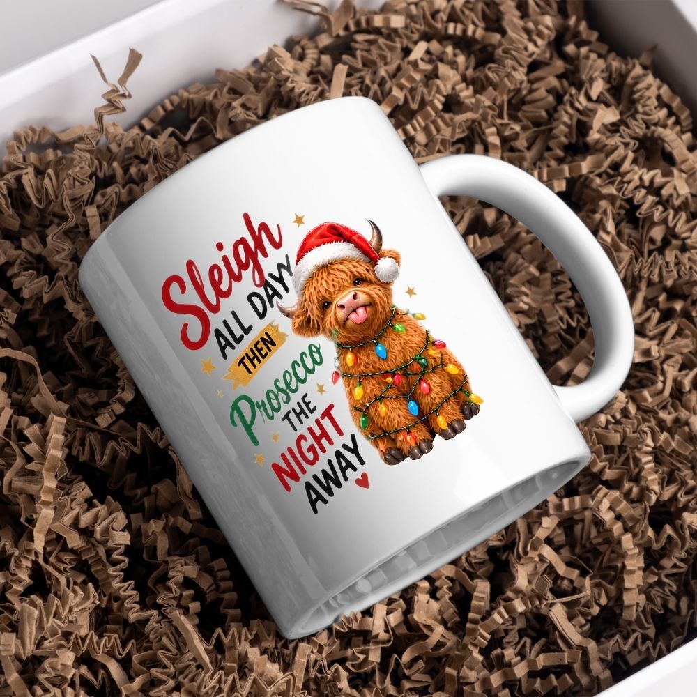 Festive Mug "Sleigh All Day Then Prosecco The Night Away" Highland Cow 325ml Ceramic Coffee Mug Cute Christmas Fairy Lights Tea Cup with Santa Hat & Stars Gift | Available in Multicolours | Fast Dispatch by UK Seller (M1291)