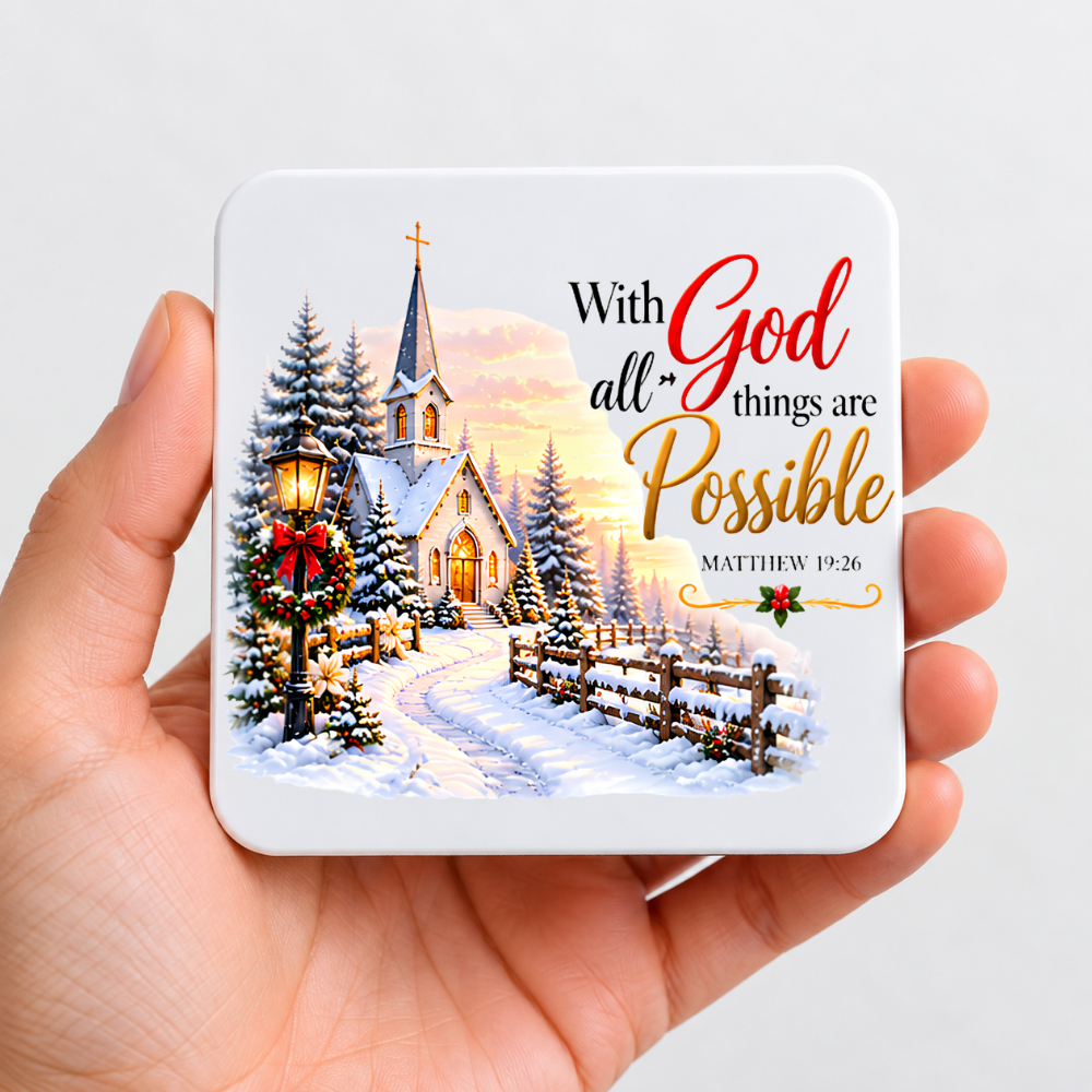 Inspirational Religious Hardboard Coaster "With God All Things Are Possible" Graphic 9cm x 9cm Square Drinks Coaster "Snowy Winter Church Village with Illuminated Lantern & Sunset Novelty Mat | Christian Glossy Gift | Fast Dispatch by UK Seller (C3037)