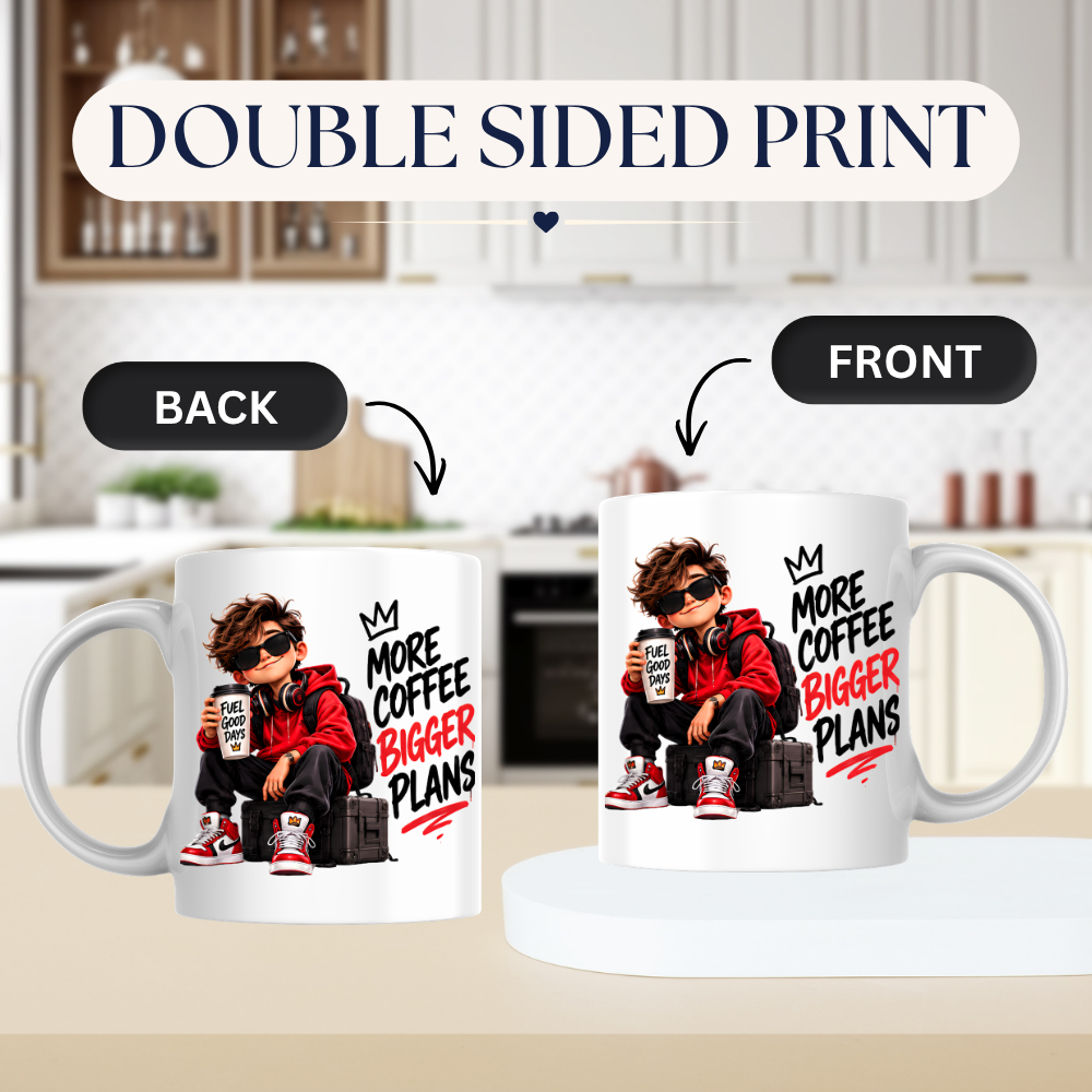 Motivational Mug "More Coffee Bigger Plans" 325ml Ceramic Coffee Tea Cup – Cool Boy Graphic, Red Hoodie, Sunglasses & Slogan Novelty Gift for Coffee Lovers, Teens, Birthday – Fast Dispatch by UK Seller (M3499)