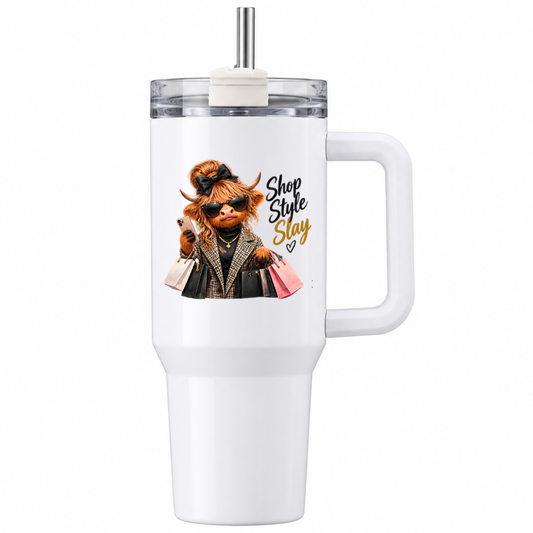 Sassy Highland Cow Travel Tumbler "Shop Style Slay" Graphic 40oz Stainless Steel Insulated Travel Mug with Handle & Straw – Fashion Cow in Plaid Coat, Sunglasses, Bow & Shopping Bags Novelty Travel Cup | Fast Dispatch by UK Seller (T3025)