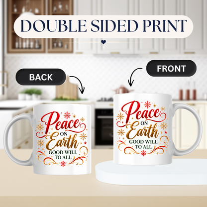 Christmas Mug "Peace On Earth Good Will To All" 325ml Ceramic Coffee Mug – Festive Christmas Blessing Mug With Gold Snowflakes Red Calligraphy Religious Holiday Gift | Available in Multicolours | Fast Dispatch by UK Seller (M3293)