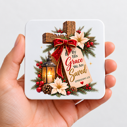 Inspirational Religious Hardboard Coaster "By His Grace We Are Saved" Graphic 9cm x 9cm Square Drinks Coaster –Wooden Cross with Red Bow, Hanging Scripture Tag, Lantern & Poinsettias Novelty Mat | Christian Glossy Gift | Fast Dispatch by UK Seller (C3043)