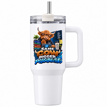 Funny Tech Travel Tumbler "Same Cow Bigger Possibilities" Graphic 40oz Stainless Steel Insulated Travel Mug with Handle & Straw – Highland Cow in Glasses with Laptop, Coffee & Stacked Books Gift for Office | Fast Dispatch by UK Seller (T3058)