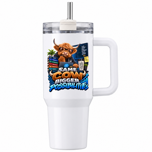 Funny Tech Travel Tumbler "Same Cow Bigger Possibilities" Graphic 40oz Stainless Steel Insulated Travel Mug with Handle & Straw – Highland Cow in Glasses with Laptop, Coffee & Stacked Books Gift for Office | Fast Dispatch by UK Seller (T3058)