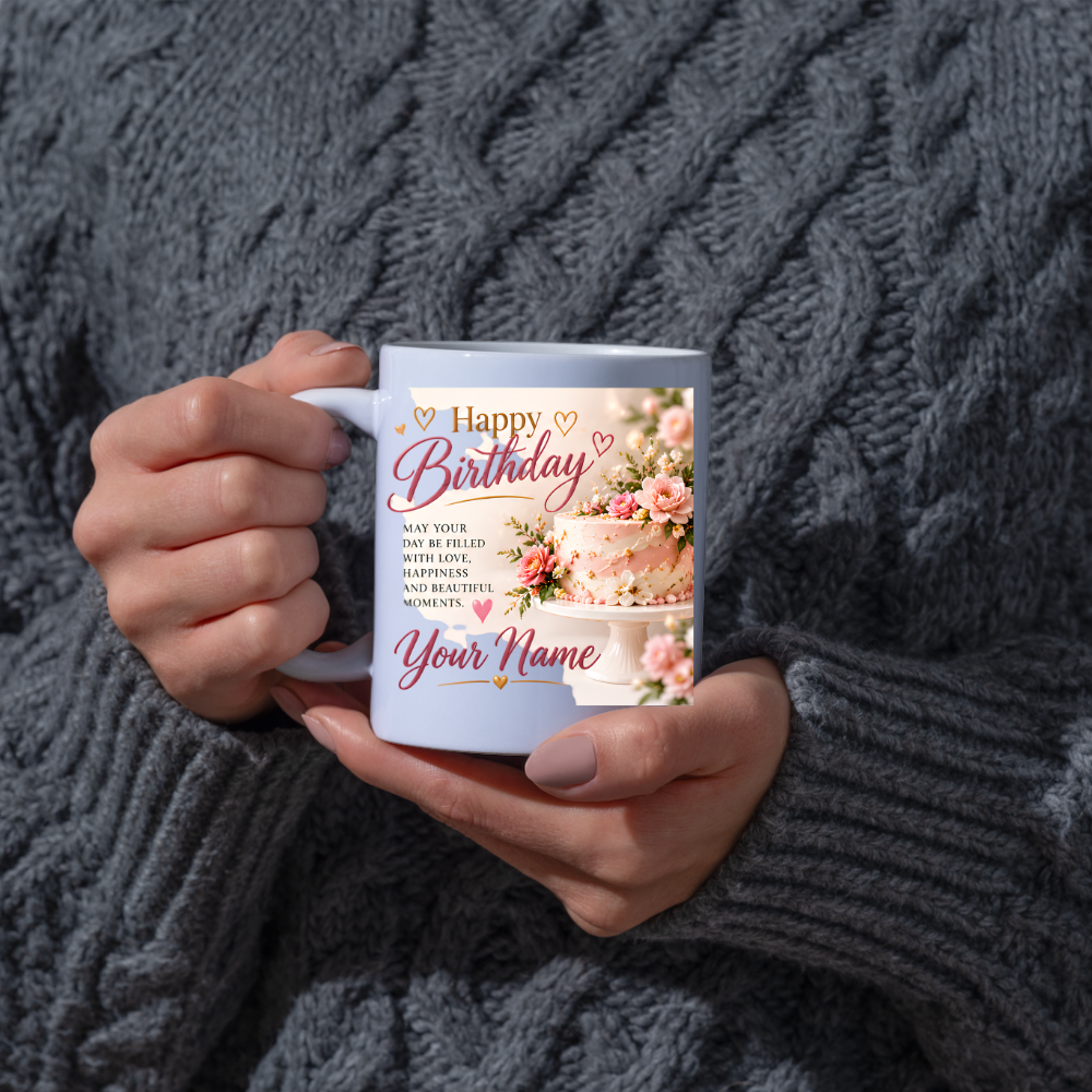 Personalised Birthday Mug "Happy Birthday" 325ml Ceramic Coffee Tea Cup – Pink Frosted Cake, Floral Decor, Custom Name & Love Wish Slogan Novelty Gift for Women, Bestie, Birthday – Fast Dispatch by UK Seller (M3512)