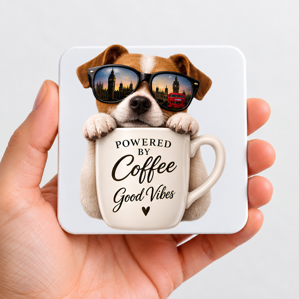 Cute London Dog Hardboard Coaster "Powered by Coffee & Good Vibes" Graphic 9cm x 9cm Square Drinks Coaster “ Cute Puppy in Sunglasses Reflecting Big Ben & Red Bus Cup Novelty Mat | Fun Glossy Gift for Dog Lovers | Fast Dispatch by UK Seller (C3005)