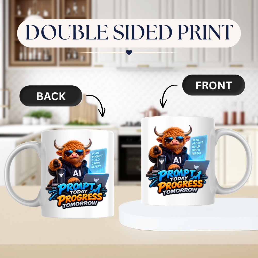 Tech Mug "Prompt Today Progress Tomorrow" 325ml Ceramic Coffee Mug – Highland Cow in Sunglasses with Laptop Coffee AI Screen Modern Tech Gift For Developers AI Prompt Engineers | Available in Multicolours | Fast Dispatch by UK Seller (M3230)