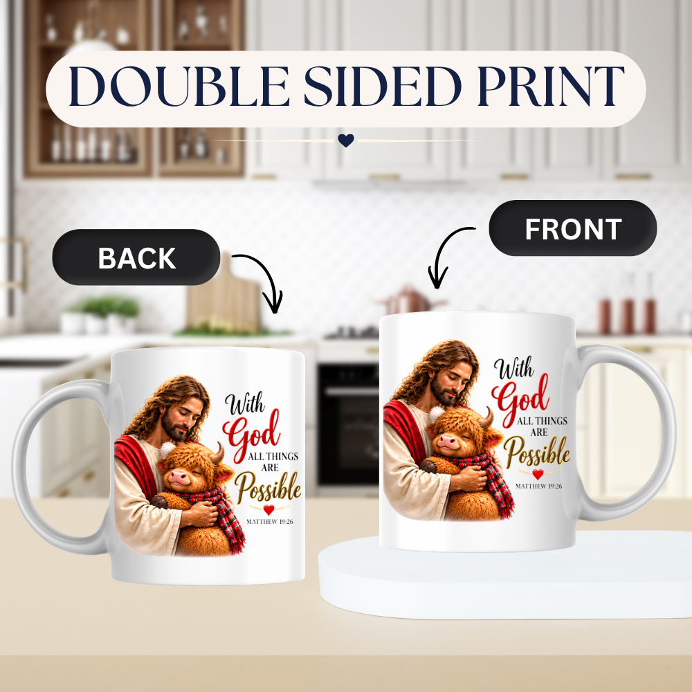 Religious Christmas Mug "With God All Things Are Possible" Highland Cow With God All Things Are Possible 325ml Ceramic Coffee Mug – Christian Jesus Hugging Highland Cow Scripture Mug with Matthew 19:26 | Religious Gift | Fast Dispatch by UK Seller (M3353)