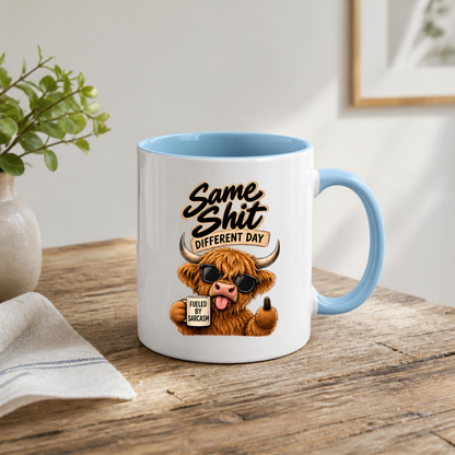 Sarcastic Mug "SAME SHIT DIFFERENT DAY" Highland Cow 325ml Ceramic Coffee Mug Novelty Highland Cow Tea Cup with Sunglasses, Middle Hoof & "Fueled By Sarcasm" Mug Graphic Gift | Available in Multicolours | Fast Dispatch by UK Seller (M3086)