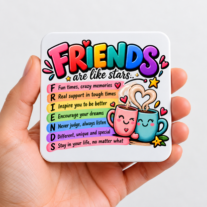 Best Friends Coaster "Friends Are Like Stars..." Acrostic Definition Graphic Glossy Hardboard 9x9cm Drinks Mat – Cute Hugging Coffee Mugs & Rainbow Tableware Gift | Fast Dispatch by UK Seller (C3069)