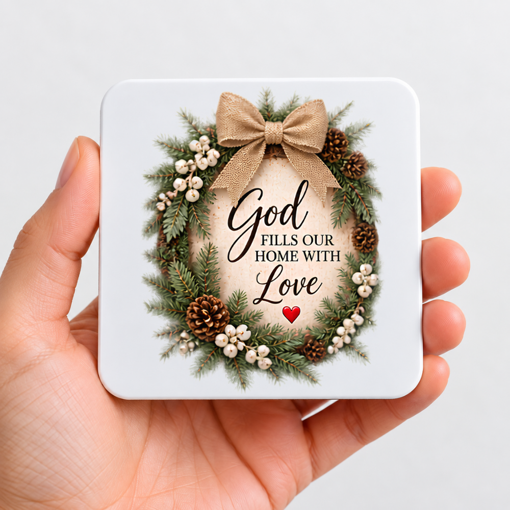 Inspirational Religious Hardboard Coaster "God Fills Our Home With Love" Graphic 9cm x 9cm Square Drinks Coaster “Rustic Pine Wreath with Hessian Bow, White Berries & Pinecones Novelty Mat | Christian Glossy Gift | Fast Dispatch by UK Seller (C3049)