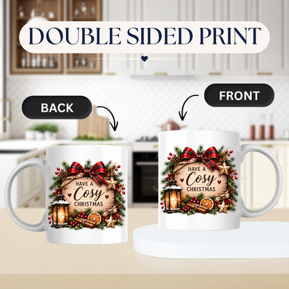 Rustic Wood Sign Christmas Mug "Have A Cosy Christmas" Have A Cosy Christmas 325ml Ceramic Coffee Mug – Rustic Wooden Plaque with Pine Wreath, Red Tartan Bow, Glowing Lantern & Cinnamon Sticks | Festive Holiday Gift | Fast Dispatch by UK Seller (M3438)
