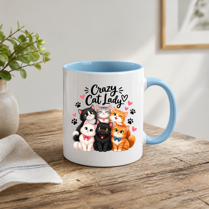 Funny Mug "Crazy Cat Lady" Novelty Coffee Mug | Cute Cartoon Cats Graphic Ceramic Tea Cup Perfect Gift for Cat Lovers 350ml | Available in Multicolours | Fast Dispatch by UK Seller (M1001)