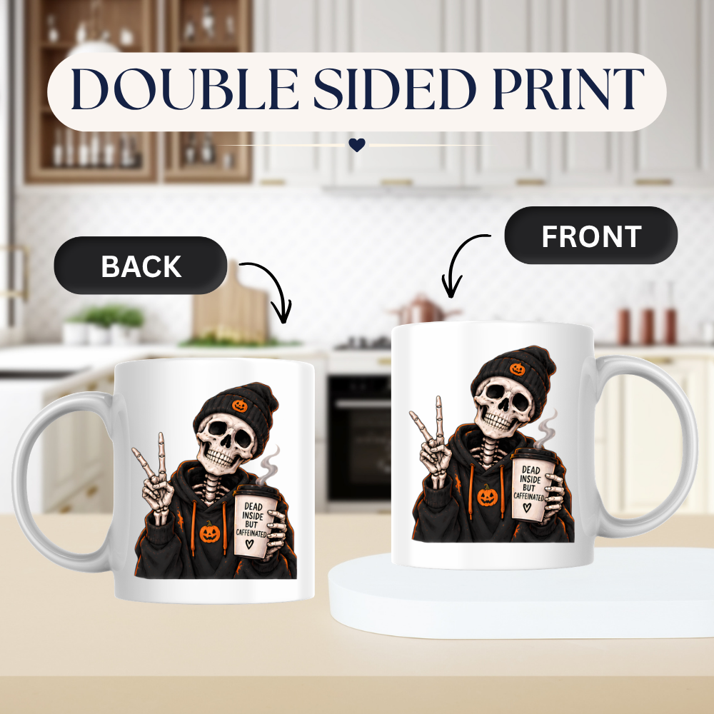 Halloween Mug "Skeleton Dead Inside But Caffeinated" Skeleton Dead Inside But Caffeinated 325ml Ceramic Coffee Mug – Funny Halloween Autumn Tea Cup Skeleton Black Hoodie Cup Graphic Gift | Available in Multicolours | Fast Dispatch by UK Seller (M3224)