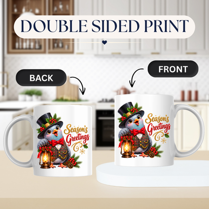 Holiday Mug "Season's Greetings Gentleman Bird" 325ml Ceramic Coffee Mug – Dapper Victorian Christmas Bird in Top Hat & Plaid Vest Holding Vintage Lantern Festive Holiday Gift | Available in Multicolours | Fast Dispatch by UK Seller (M3267)