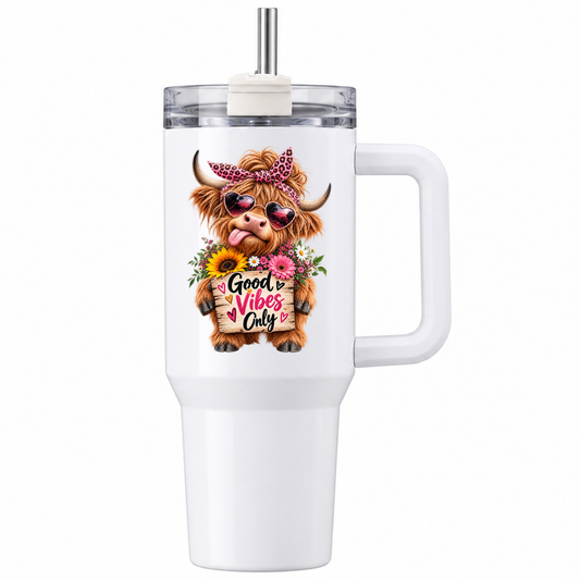 Sassy Highland Cow Travel Tumbler "Good Vibes Only" Graphic 40oz Stainless Steel Insulated Travel Mug with Handle & Straw – Cheeky Cow in Pink Leopard Bow, Heart Sunglasses, Flowers & Wooden Sign Novelty Travel Cup | Fast Dispatch by UK Seller (T3039)