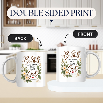 Inspirational Christian Mug "Be Still And Know That I Am God Psalm 46:10" 325ml Ceramic Coffee Mug –Christian Bible Verse Mug With Floral Wreath Leaves Inspirational Gift | Available in Multicolours | Fast Dispatch by UK Seller (M3299)