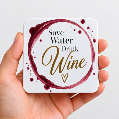 Witty Wine Stain Hardboard Coaster "Save Water Drink Wine" Graphic 9cm x 9cm Square Drinks Coaster “ Wine Glass Ring Stain Ring with Splash Droplets & Heart Novelty Mat | Sarcastic Glossy Gift for Wine Lovers | Fast Dispatch by UK Seller (C3017)