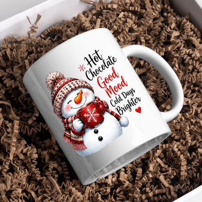 Cozy Mug "Hot Chocolate Good Mood Cold Days Brighter" Snowman 325ml Ceramic Coffee Mug – Cute Winter Holiday Tea Cup with Beanie & Hot Cocoa Gift | Available in Multicolours | Fast Dispatch by UK Seller (M1247)
