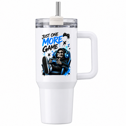 Funny Gaming Travel Tumbler "Just One More Game" Graphic 40oz Stainless Steel Insulated Travel Mug with Handle & Straw – Gamer Skeleton in Gaming Chair with Headset & Controller Novelty Gift | Fast Dispatch by UK Seller (T3064)