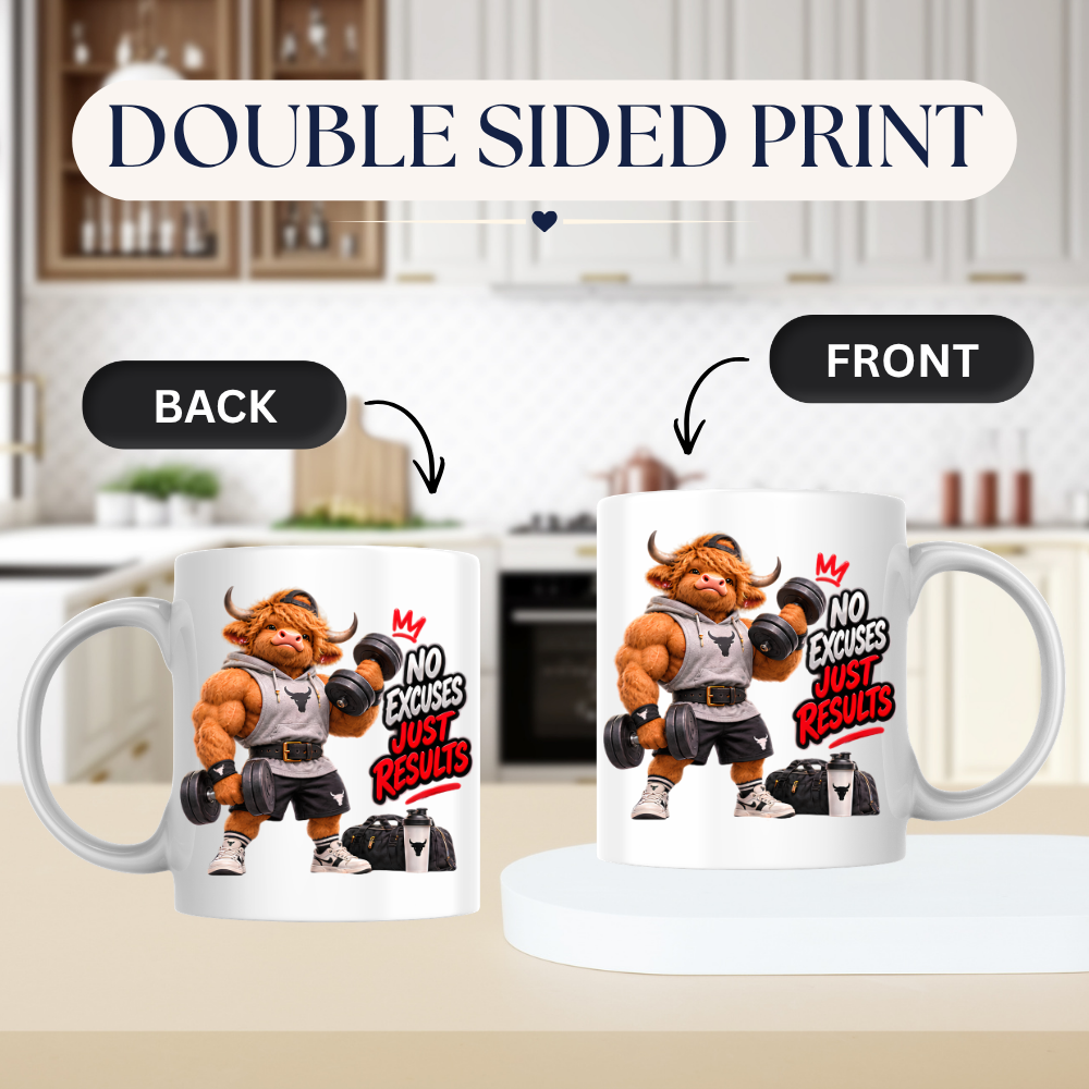 Gym Mug "No Excuses Just Results Muscular Highland Cow" No Excuses Just Results 325ml Ceramic Coffee Mug – Muscular Highland Cow Lifting Dumbbells In Hoodie Lifting Belt Gym Fitness Gift | Available in Multicolours | Fast Dispatch by UK Seller (M3273)