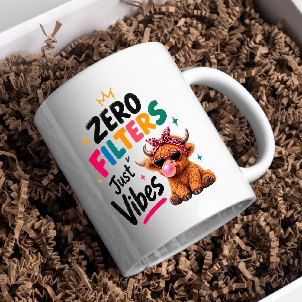 Sassy Mug "Zero Filters Just Vibes" Highland Cow 325ml Ceramic Coffee Mug Cute Animal Tea Cup with Heart Sunglasses, Pink Bow & Bubblegum Gift | Available in Multicolours | Fast Dispatch by UK Seller (M1284)